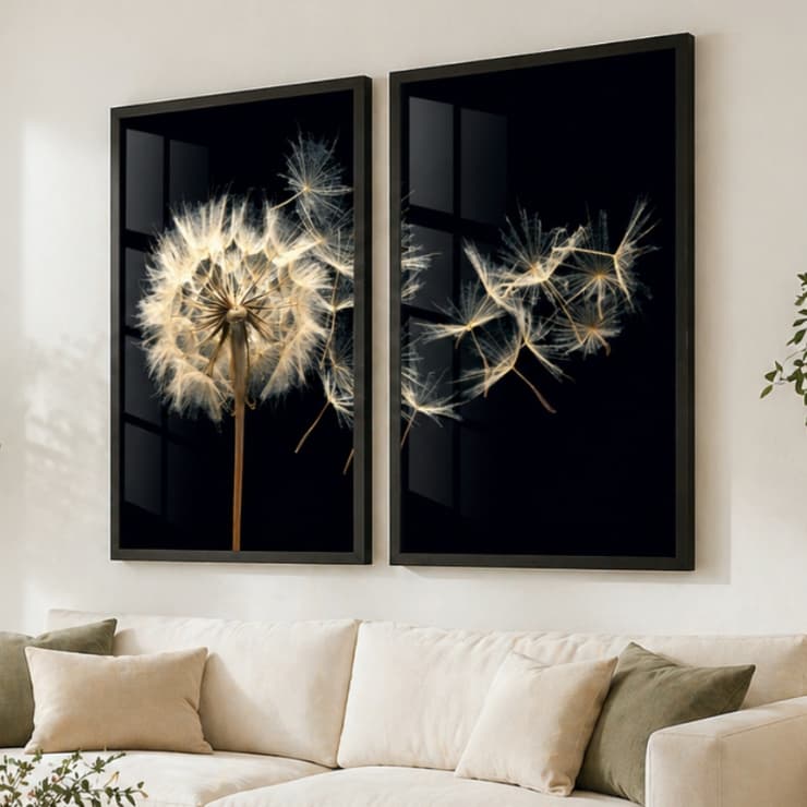 Kit 2 Quadros Decorativos Dente de Leão Floral Sala Quarto Moldura Premium com Vidro Luxo