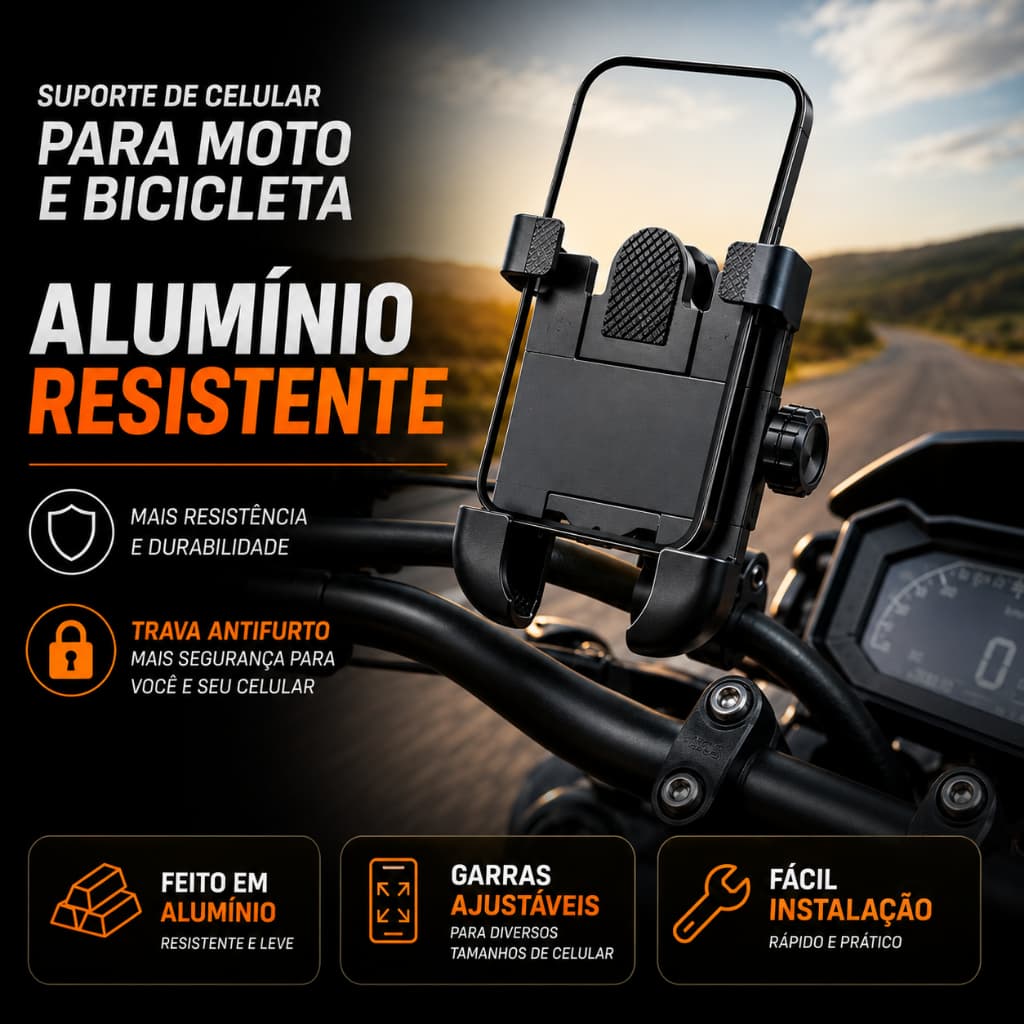 Suporte Celular Moto Bicicleta Giratório 360° Alumínio Guidão Estável e Firme + Carregador USB