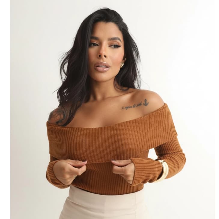 Blusa feminina elegante Ombro a ombro Tricot Decote Outono Inverno estilosa Justa Canelada