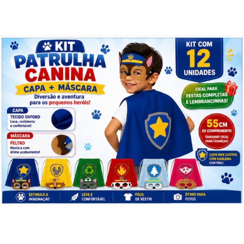 kit com 12 unidades Patrulha Canina - kit com capa e máscara infantil
