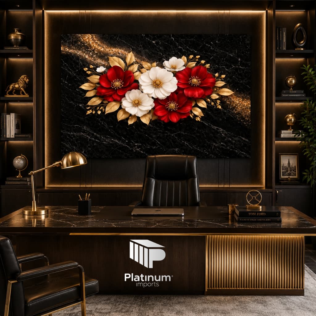 Quadro Decorativo Floral Luxo Mármore Preto Dourado Sala Quarto Escritório MDF Premium Sem Moldura Envio 24h Decoração