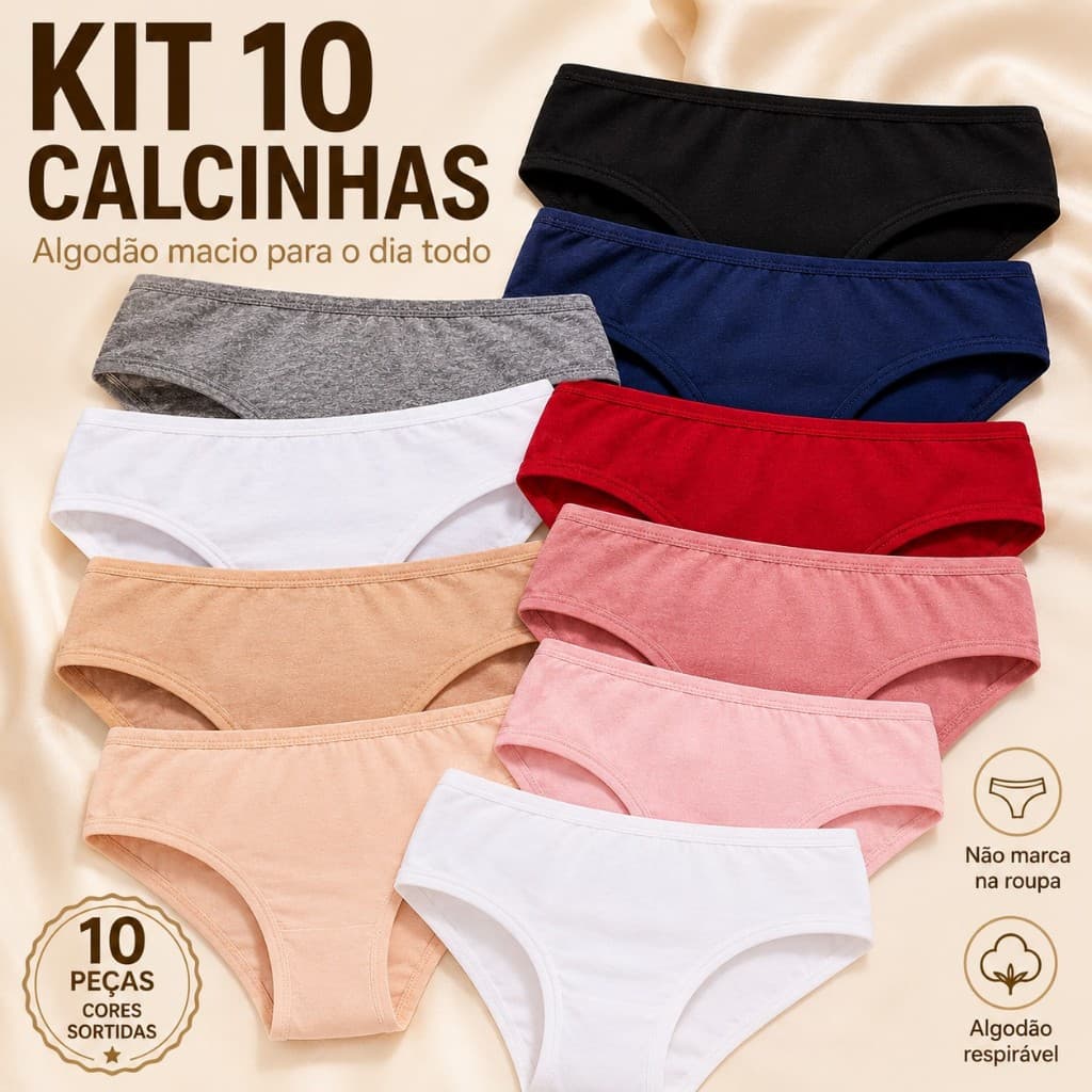 Kit 10 Calcinhas Tanga Algodão Confortável Cintura Baixa Macia Dia a Dia