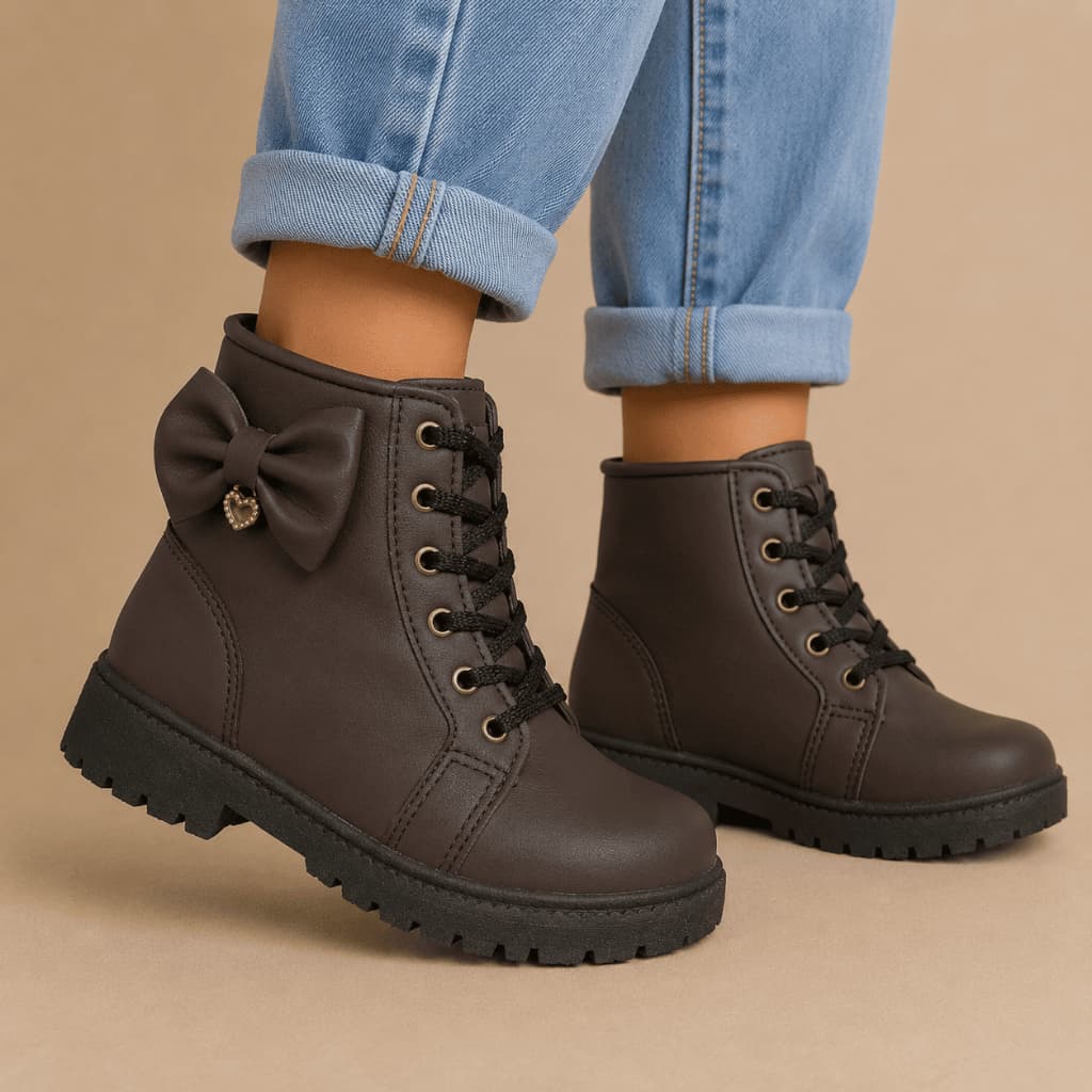 Bota Coturno Infantil Menina Tratorado Laço Café Conforto Antiderrapante Inverno Festa Junina Estilo