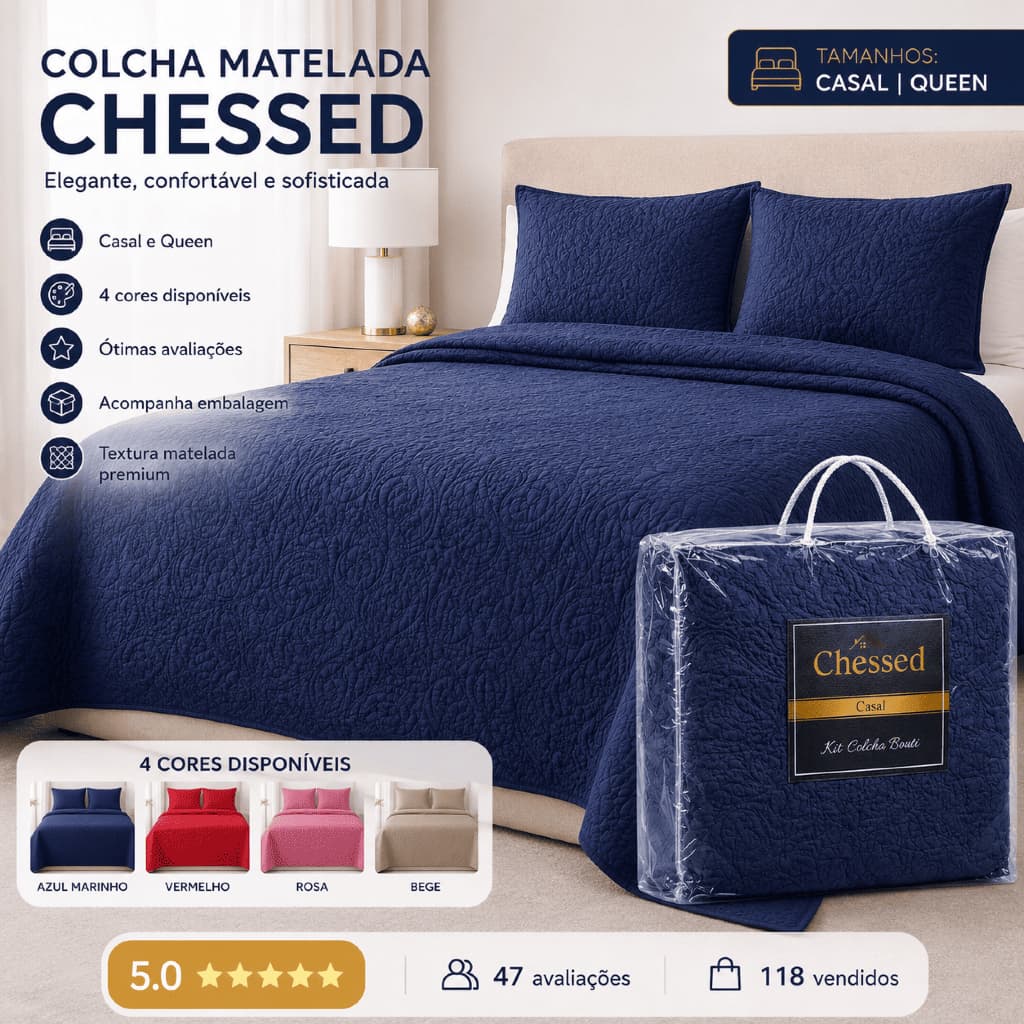 Kit Colcha Cobre Leito Casal 3 Peças Matelassê Dupla Face Premium – Elegante e Confortável