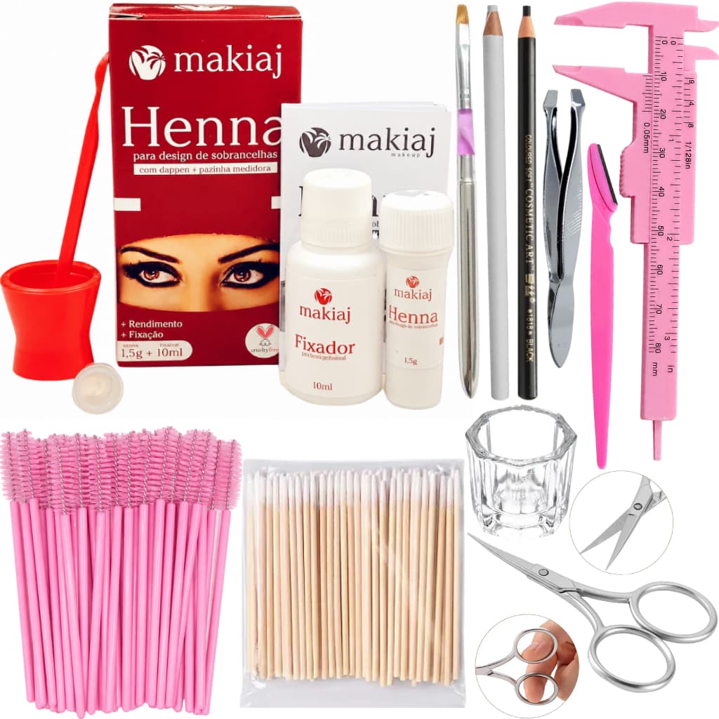 Kit Sobrancelha Henna makiaj+Palito+Navalha+Paquímetro+Tesoura+Pincel+Dappen+ 2 Lápis Dermatográfico