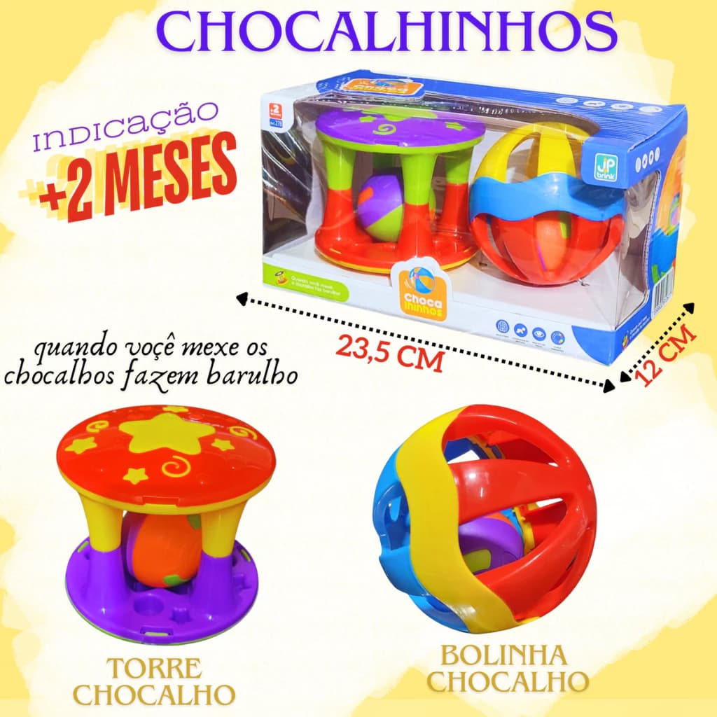 Conjunto ki 2 Brinquedos Educativo Didatico Torre Sensorial Chocalho Bola Colorida Bebê