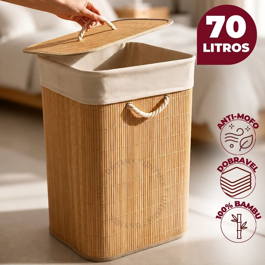 Cesto de Bambu Dobrável 70L Com Tampa e Alças Organizador Com Forro - Banheiro Lavanderia