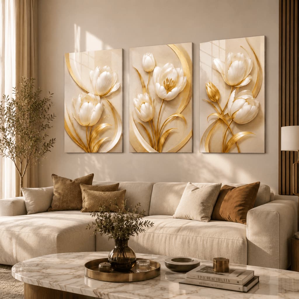 Kit 3 Quadros Decorativos Tulipas Brancas Dourado Luxo Sala Quarto MDF