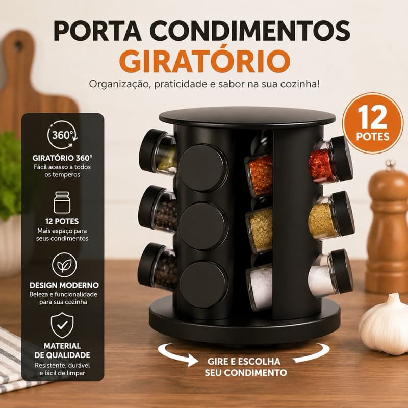 Porta Tempero Condimentos Giratório com 12 Potes de Vidro Preto 360 Graus com Tampa Dosadora J