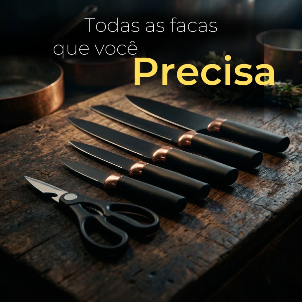 O arsenal de 7 itens para cortes de precisão que reduz o esforço na cozinha e organiza sua bancada.