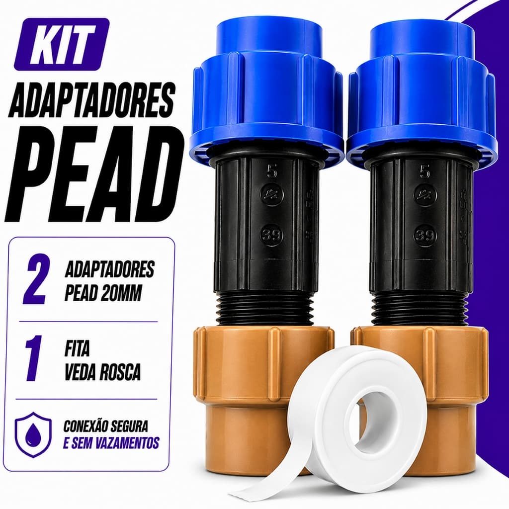 KIT ADAPTADOR COMPRESSÃO PP PEAD MANGUEIRA 20MM X 3/4 – ROSCA MACHO + Adapt Curto + Veda Rosca