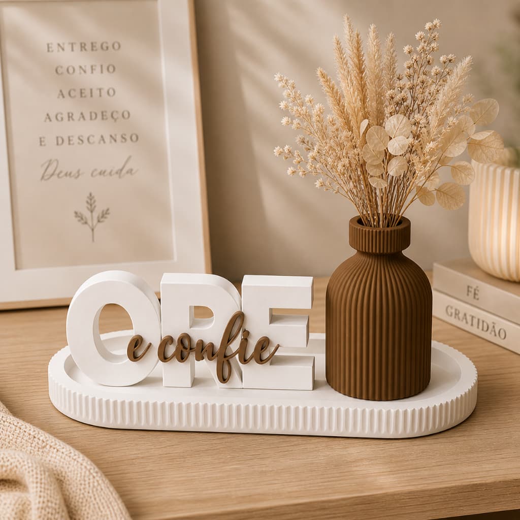 Kit Ore e Confie com Bandeja e Vaso Decorativo – Decoração Religiosa Minimalista
