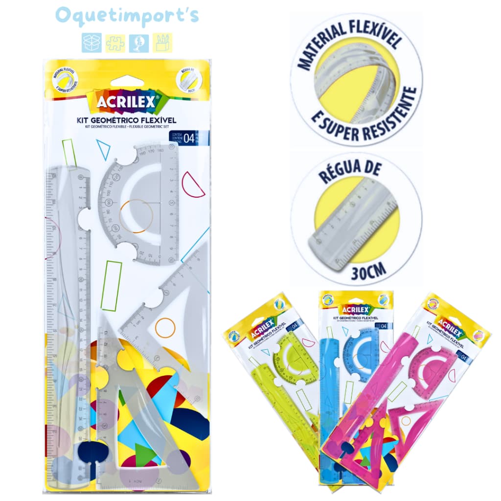 Kit Escolar Geométrico Acrilex Régua Esquadro e Transferidor Flexível Não Quebra 4 Peças Coloridas