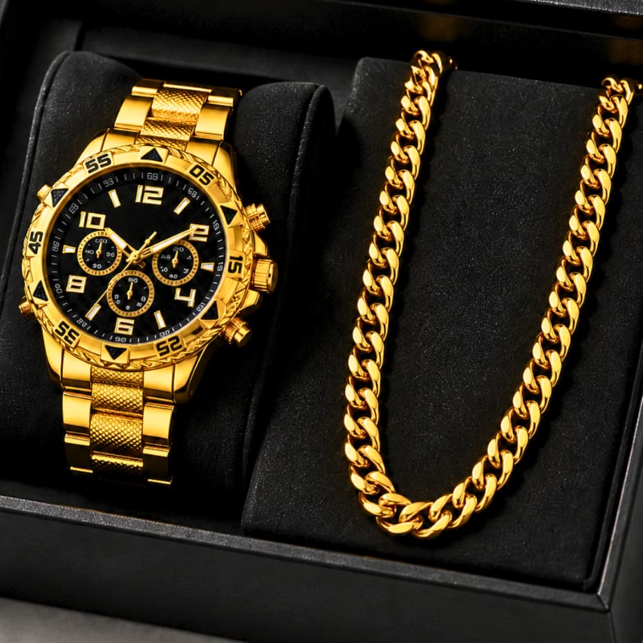 Promoção Kit Relógio Aço Masculino Dourado Prata 18K com Corrente Grossa