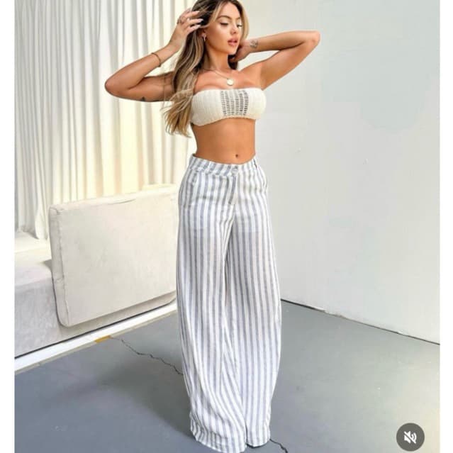 Calça Pantalona Linho  Listrada Feminina Com Bolso Frontal Elegante Casual