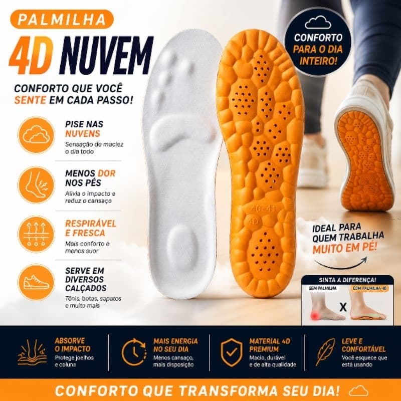 🔥 Palmilha 4D Nuvem Ortopédica Macia Confortável Anti Impacto;laranja