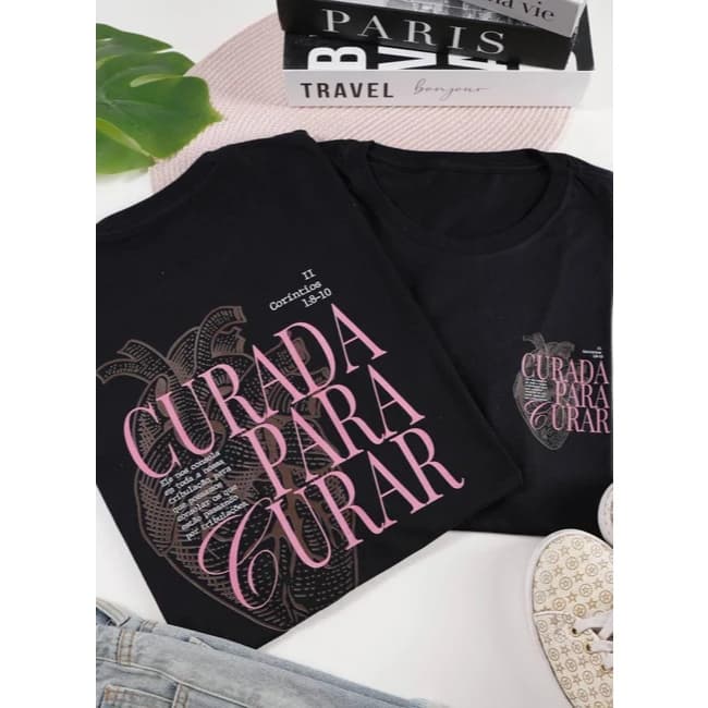 T-shirt Curada Para Curar (ESTAMPA BOLSO E COSTAS) Preto