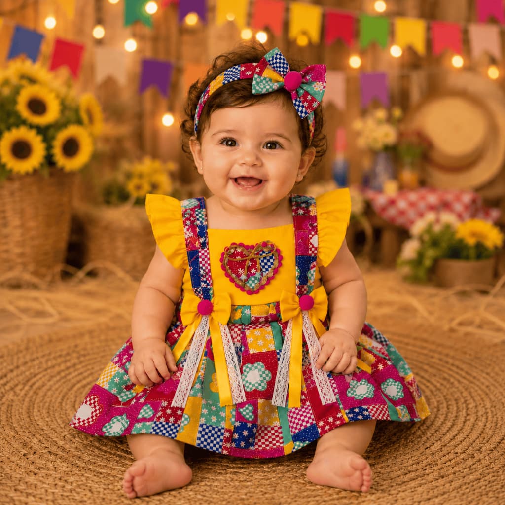 Jardineira Saia Body Quadrilha Bebê Menina Chita Colorido Festa Junina Escola Eventos Temática