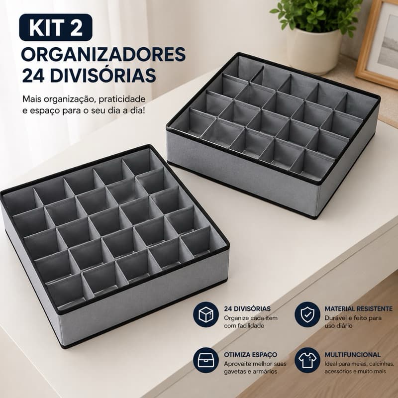 kit 2 Organizadores De Gaveta Multiuso 32x32cm 24 Divisorias Em Tnt