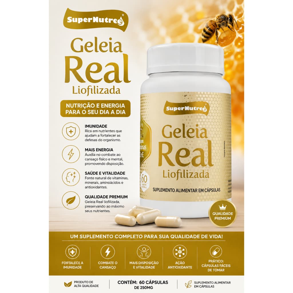 Geléia Real Liofilizada 500mg 60 Cápsulas Rica em Vitaminas A, C e E…