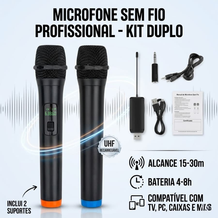 Kit Microfone Duplo Sem Fio Dinâmico Profissional Plug and Play Facil de Instalar para Cantar Karaoke com Led Visor