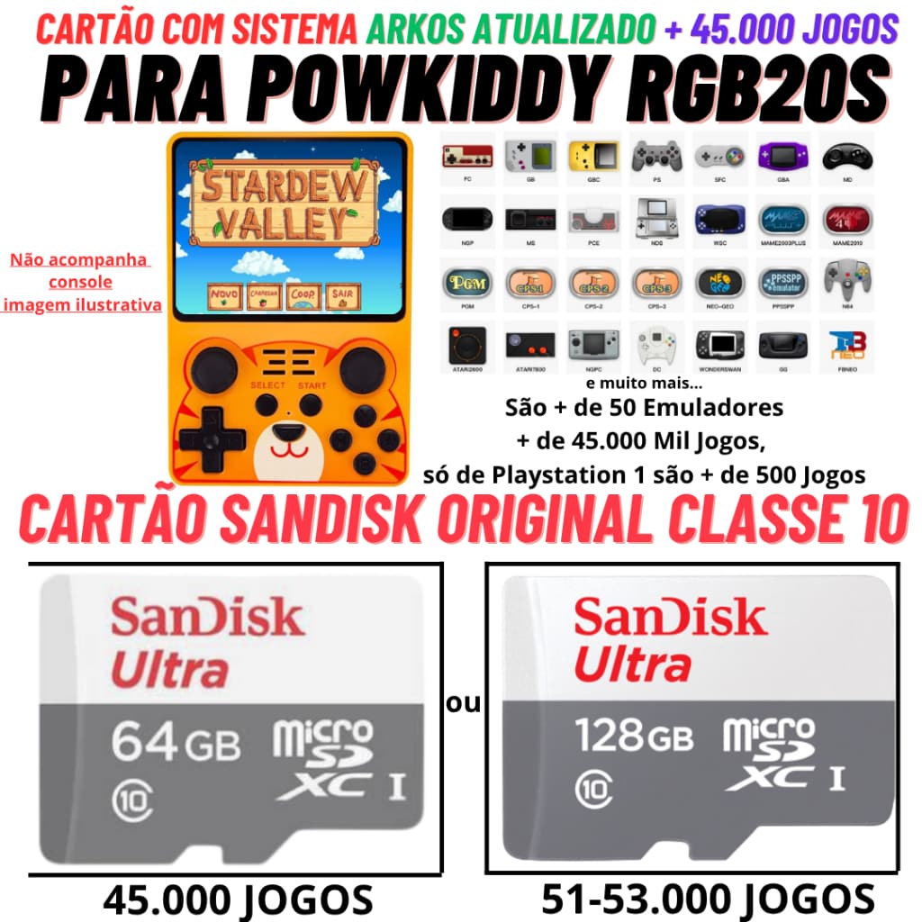 Cartão Original com Sistema e Jogos para Powkiddy RGB20s Console Portatil Cartão Sandisk e Tomate Original Classe 10