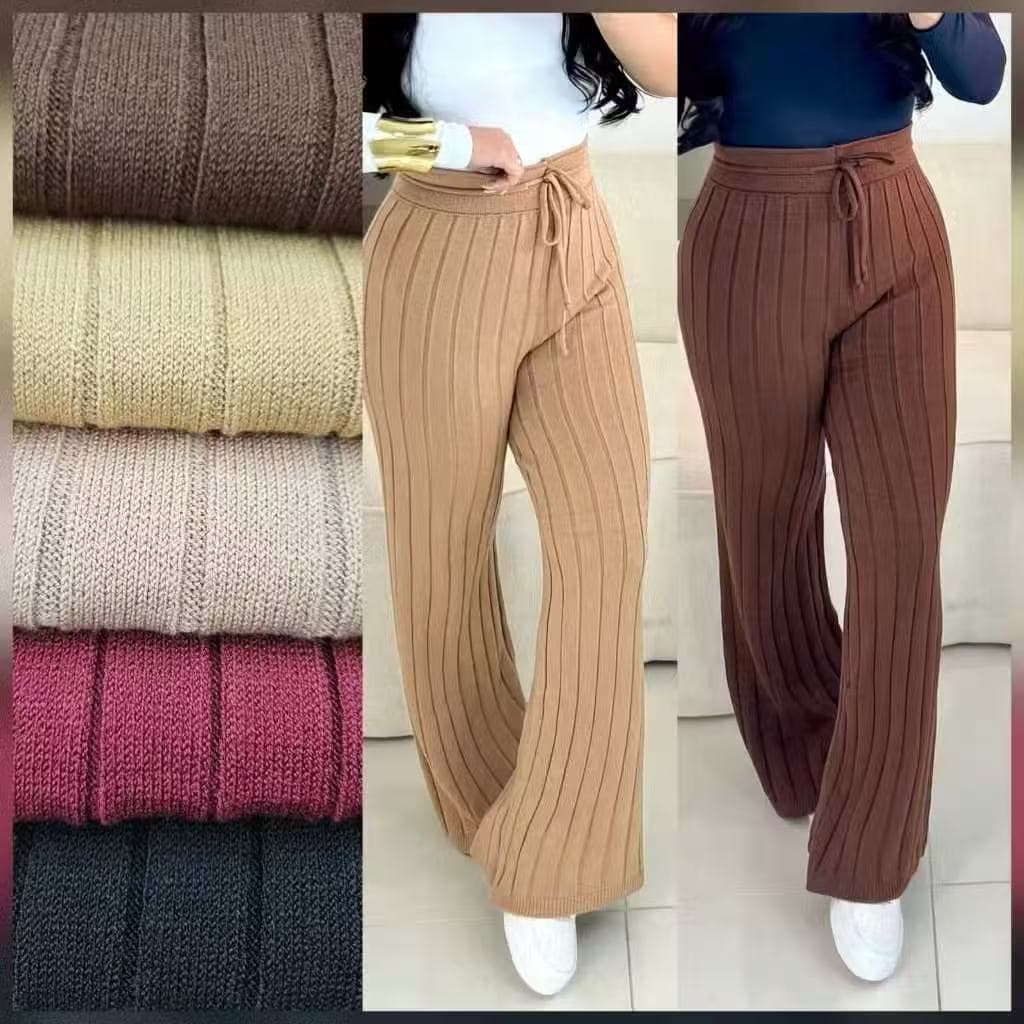 Calça feminina de malha canelada e listrada - Confortável, estilosa, caimento perfeito, tamanho único (36-44)