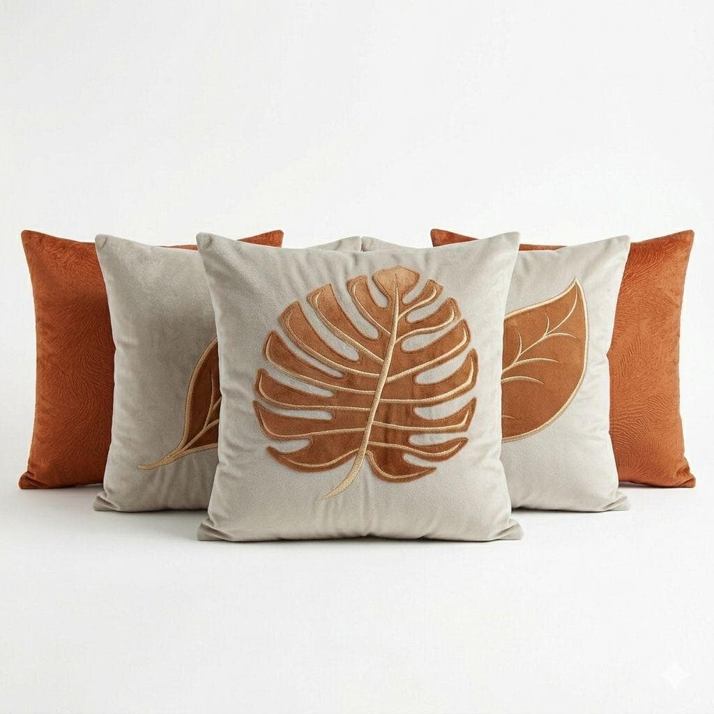 Kit 5 Almofadas Luxo Suede Aveludado Bordado Cobre Costela de Adão Sofá Sala 45x45cm