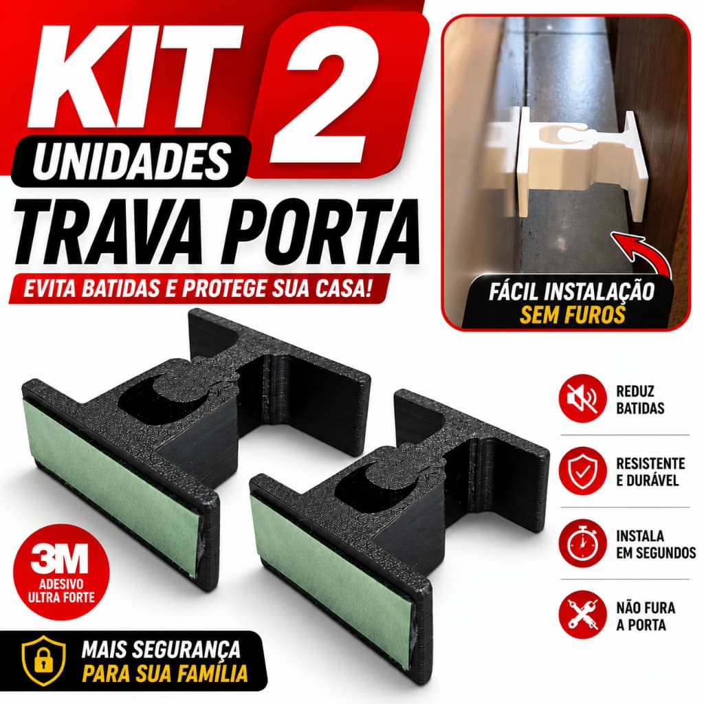 Kit 2 Trava Porta Sem Furar Dupla Face | Antibatida para Porta de Vidro e Madeira - Super Resistente