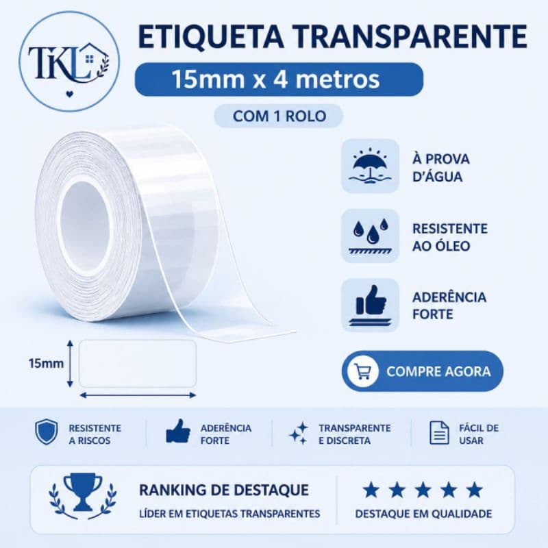 TRANSPARENTE Rolo de Papel Etiqueta Bobina p/ Impressora Térmica Portátil 15mm * 4 metros