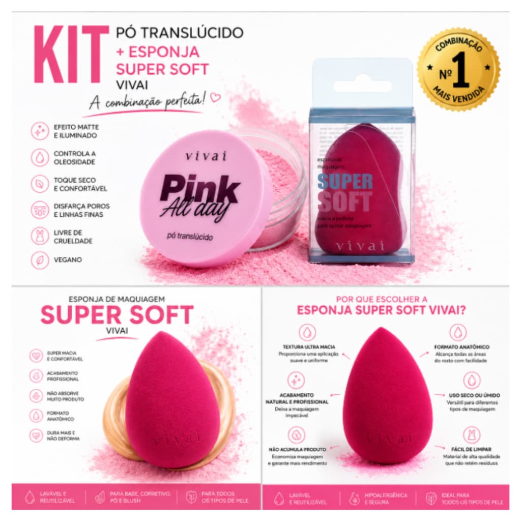 Kit Pó Facial Translúcido Rosa Vivai Matte Anti Oleosidade Longa Duração Pink All Day+Esponja Vivai