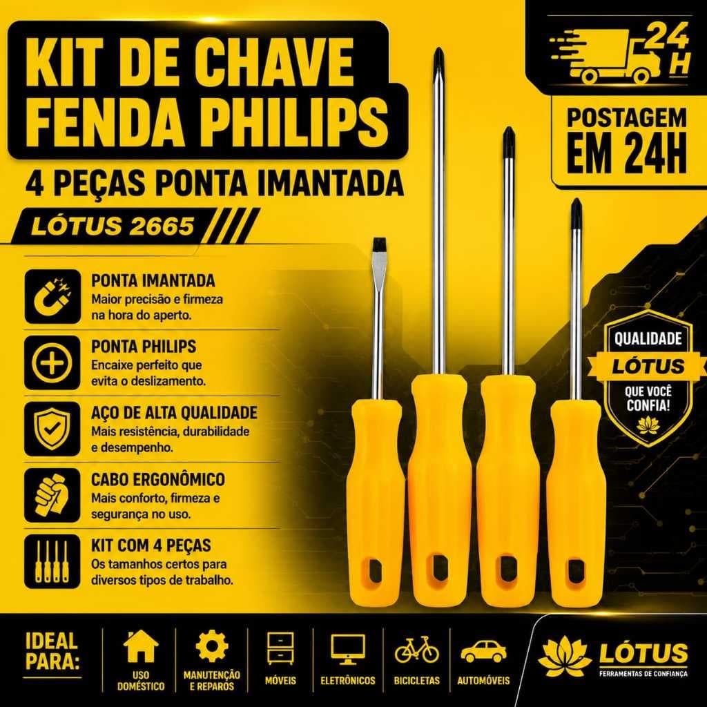 Kit De Chave Fenda Philips 4 Peças Ponta Imantada Lotus 2665