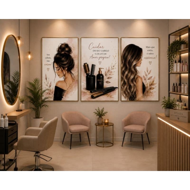 Kit quadro decorativo 3 peças beleza salão de cabeleleiro