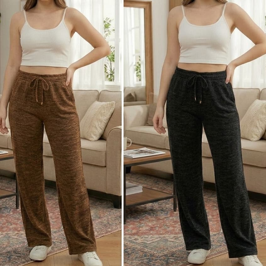 kit 2 Calça Pantalona Lanzinha  Malha Ribi Canelada Cintura Alta com Bolso Funcional para Inverno/Meia Estação