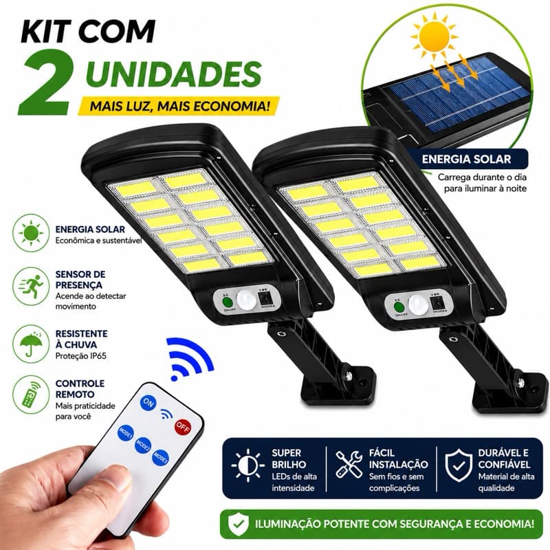 Kit 2 Refletor Solar LED 600W Iluminação Ecológica Sem Fio com Sensor de Presença – LKY0018A