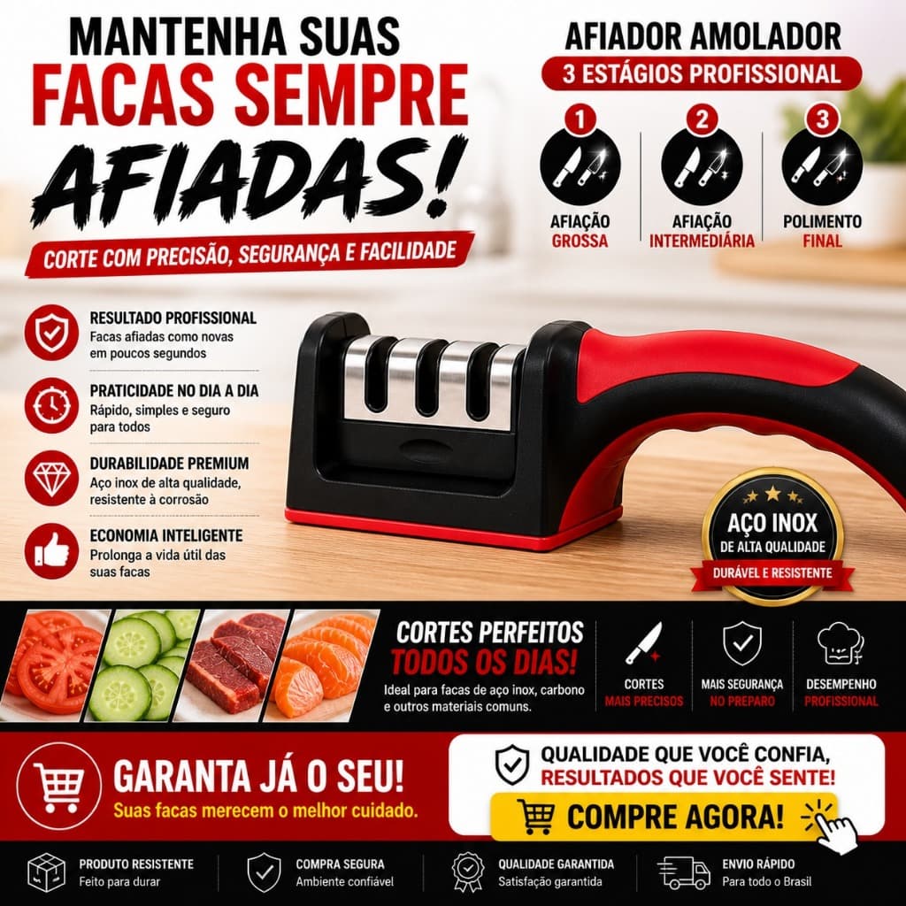 Afiador de Facas Profissional 3 Estágios Inox Base Emborrachada Amolador Manual Cozinha Preciso