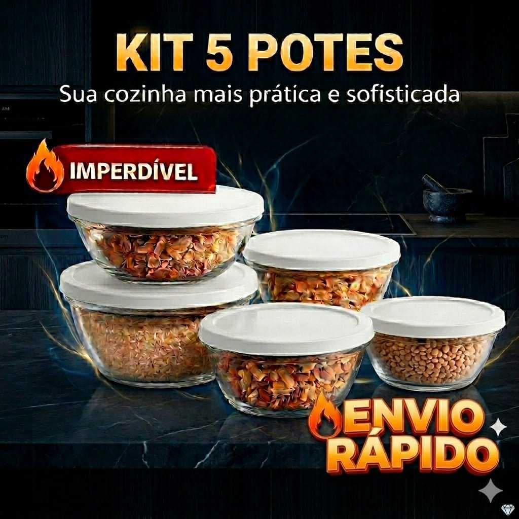 Jogo 5 Potes Vidro Herméticos: Conserva e Serve para sua Família. Ideal para Cozinha, Freezer e Micro-ondas Kit Completo
