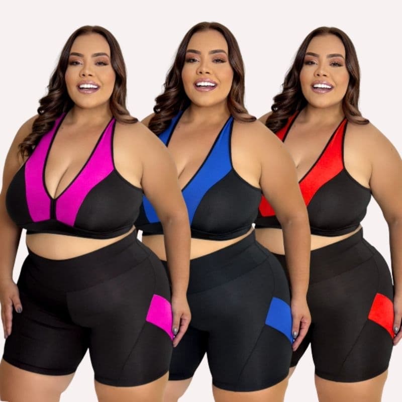 Conjunto Moda Fitness Plus Size Short com Top Nadador Cós Alto Modelador Alta Compreensão Academia