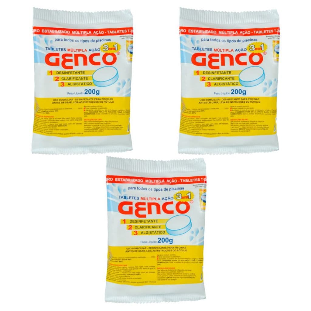 Kit 3 Pastilhas Cloro Genco 3 em 1 Múltipla Ação T200 200g