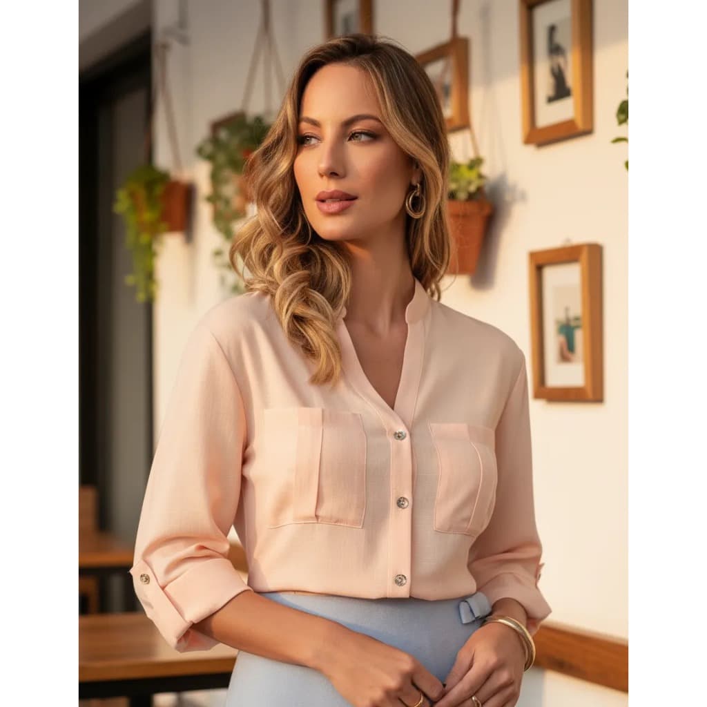 Camisa Social Feminina Gola Padre com Bolso e Botões
