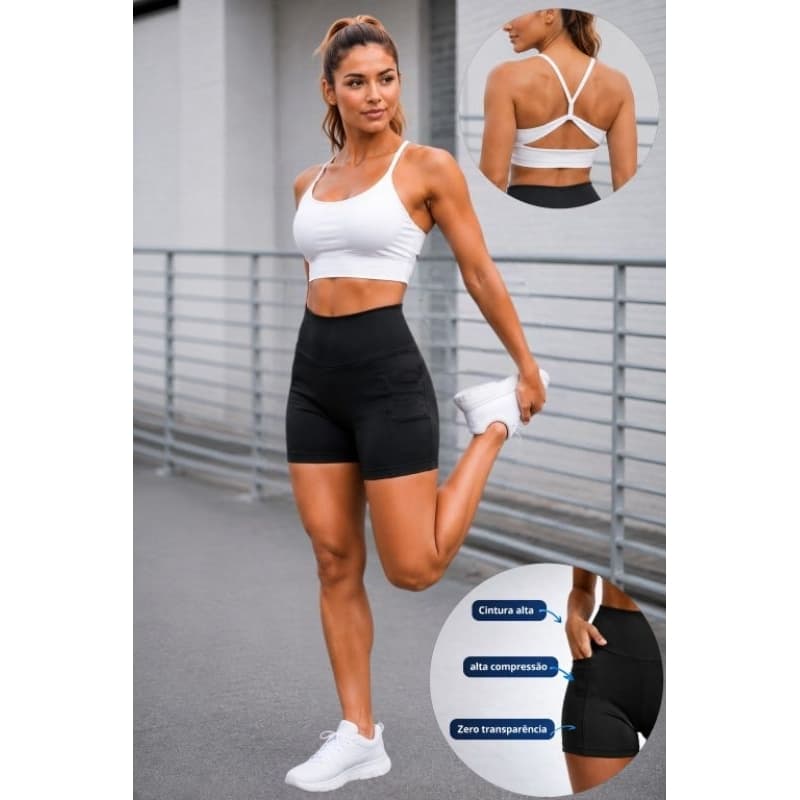 Conjunto Academia Feminino Short Cintura Alta E Top Duplo Recorte Exclusivo Bojo Removivel Sutiã Esportivo
