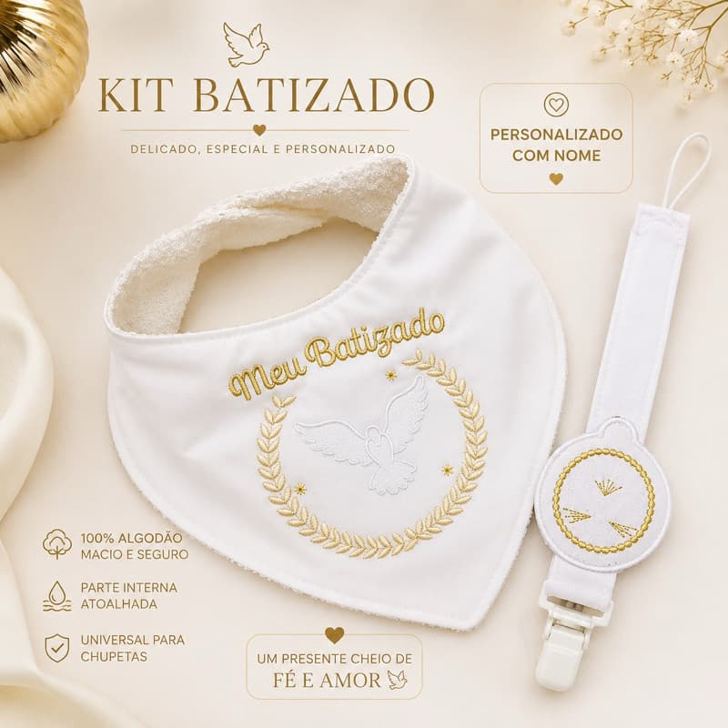 Babador Batizado Personalizado + Prendedor de Chupeta Nome Bordado