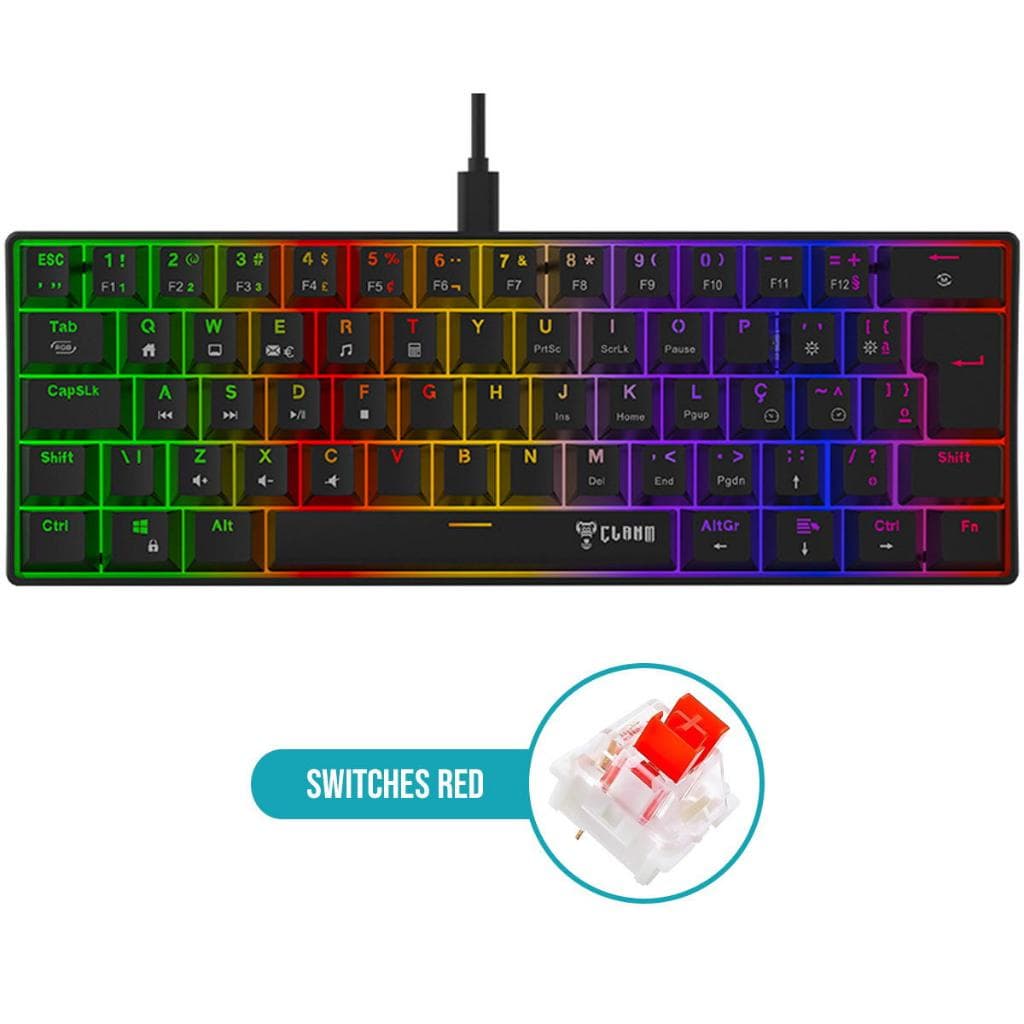 Teclado Gamer 60% Mecânico Switches Red 63 Teclas Iluminação RGB ABNT2 Cabo 1,5m Clanm Walker V2