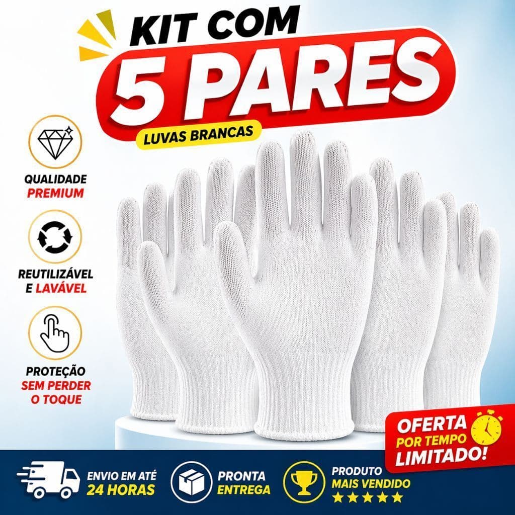 Kit 5 Luvas Brancas de Proteção Multiuso – Reutilizável