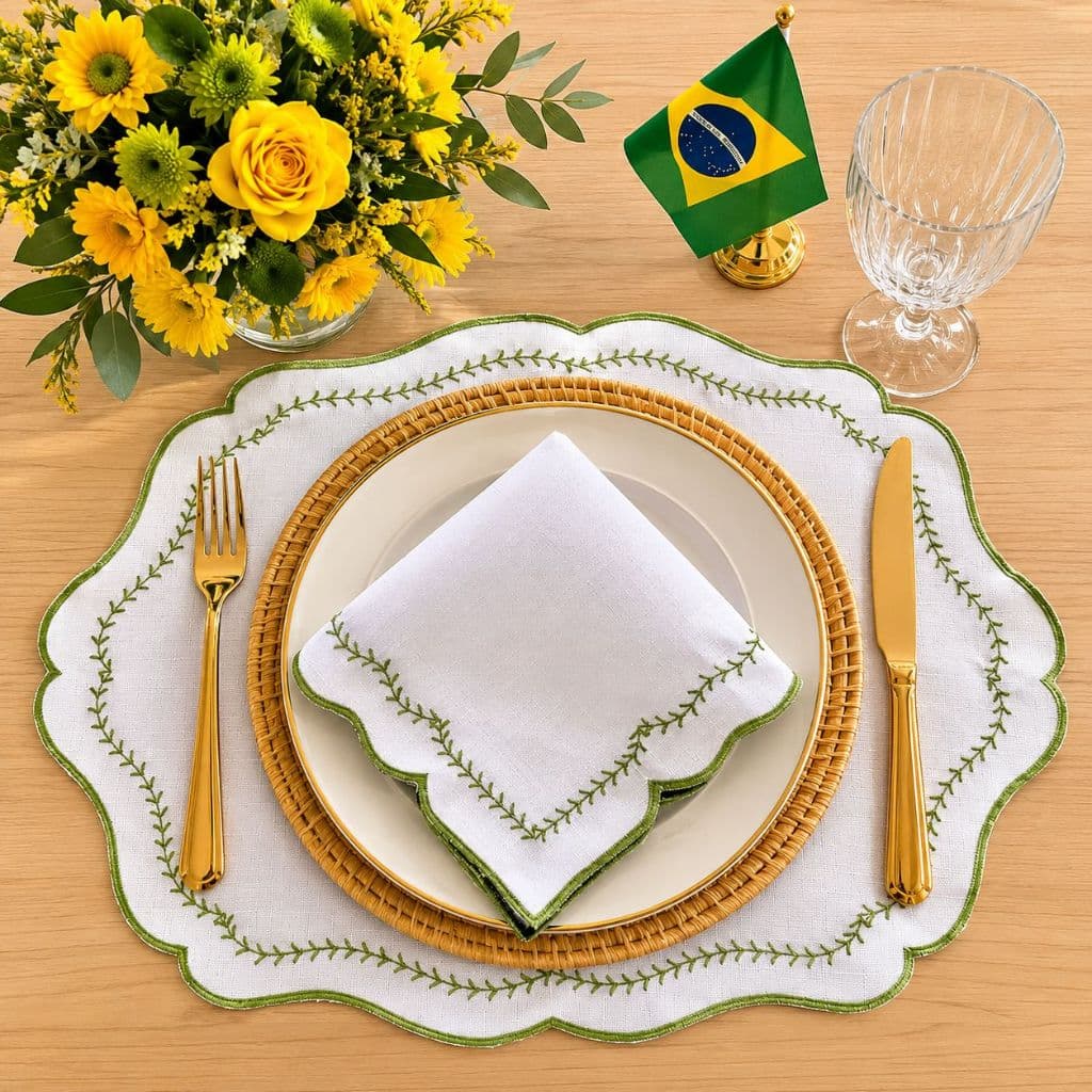 8 peças (4 Jogos) Jogo Americano Bordado Hera Verde Copa do Mundo Com Guardanapo