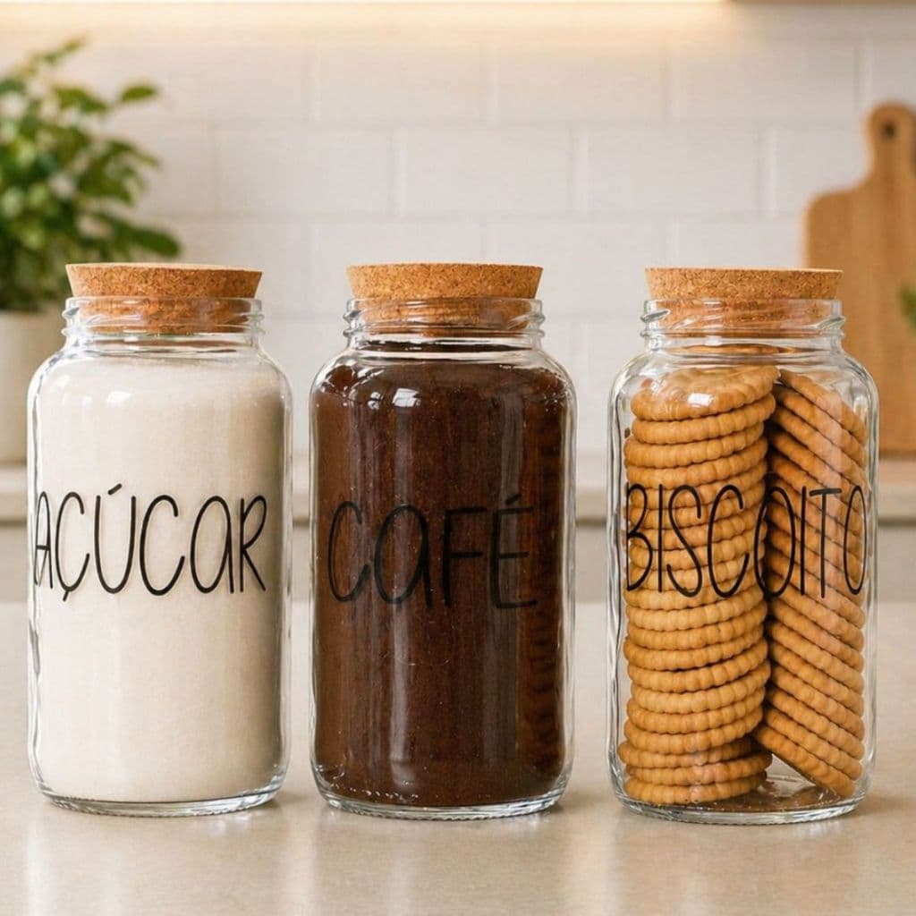 Kit Cantinho do Café + Açúcar + Biscoito | 3 potes de Vidro 810 ml + tampa rolha cortiça| Pote Mantimento