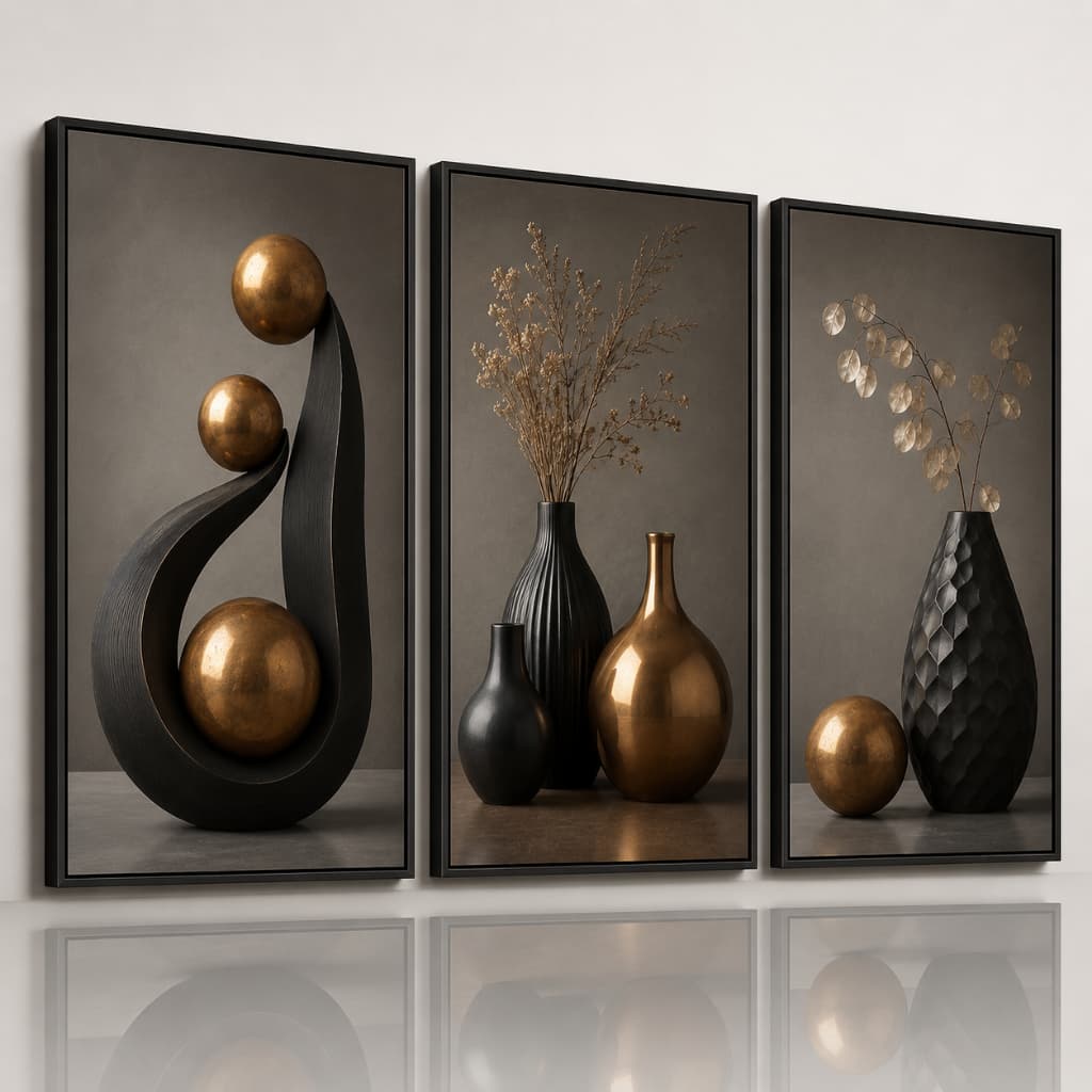 Kit 3 Quadros Decorativos Vasos Preto Dourado Sala Quarto Escritório Luxo Moderno Abstrato Parede Premium MDF 4K Decor