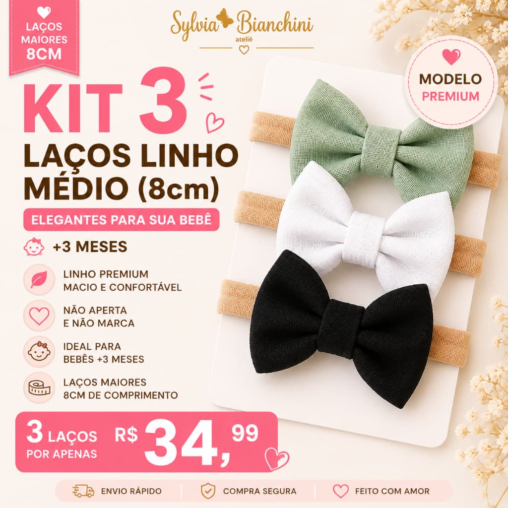 Kit 3 Laços Linho Médio 8cm Infantil Menina Faixa Premium