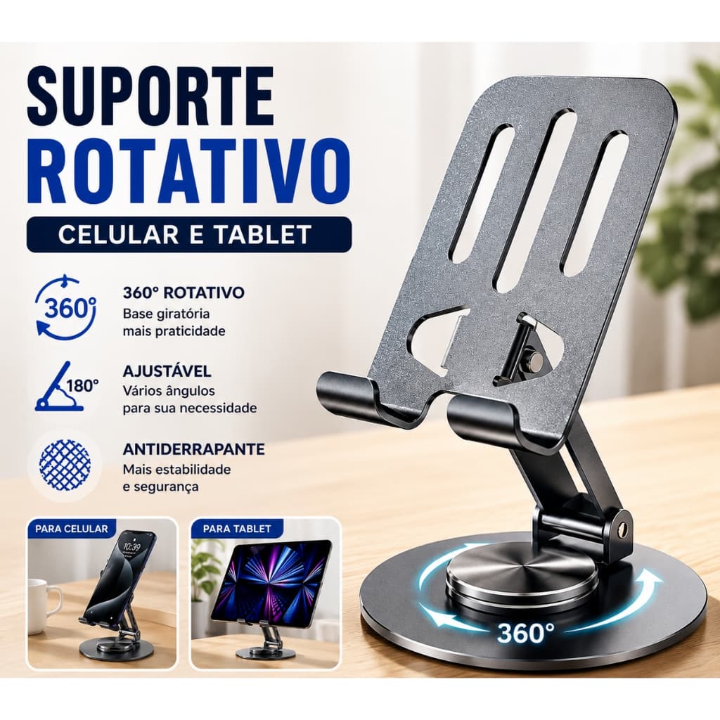Suporte Rotativo 360°  Para Celular E Tablet De Mesa Ajustável Antiderrapante