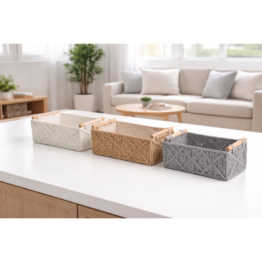 Cesto Organizador Macramê Tecido Com Alças De Bambu Caixa Retangular Decorativa Multiuso Lavabo Quarto Sala Closet Shope